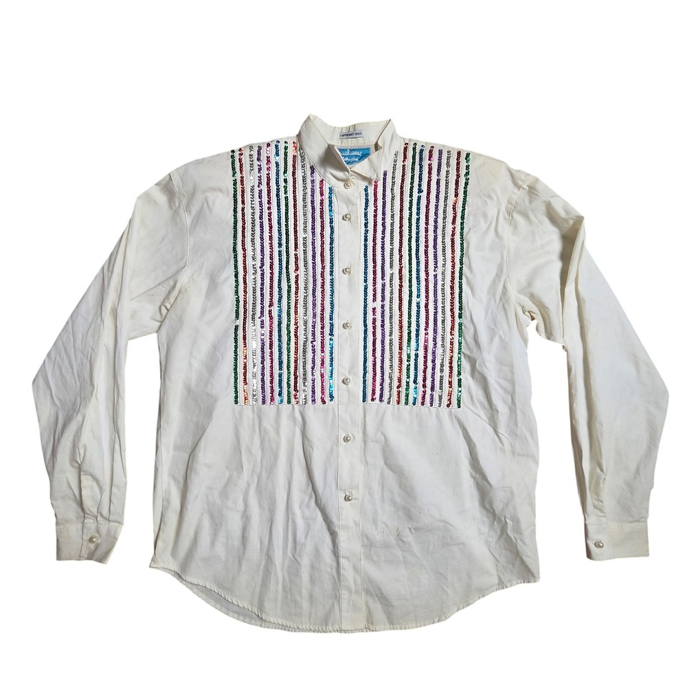 Vintage 1993 Southwest Canyon Rainbow Sequin Long Sleeve Western Shirt M Cotton